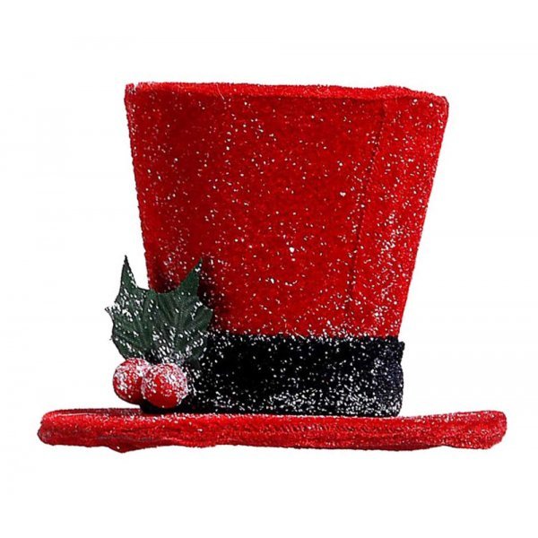 Χριστουγεννιάτικο Κρεμαστό Καπέλο, Κόκκινο με Μαύρη Κορδέλα και Γκι (10cm)